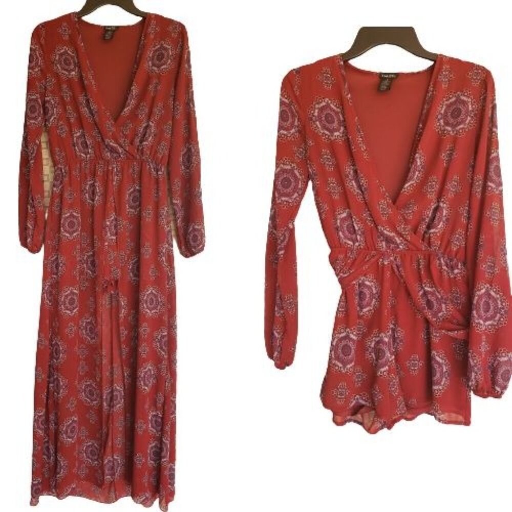 Rue21 Juniors Romper S Red Boho Maxi Long Sleeve V-Neck Hip Hop High Low Urban